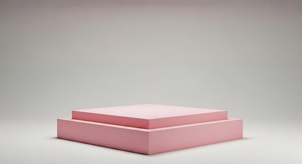 Poster - A minimalist pink two-tiered display platform against a neutral backdrop.