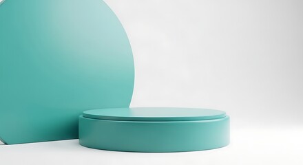 Poster - A teal-colored circular platform and backdrop against a clean white background.
