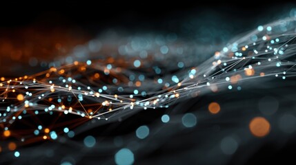 Poster - Dynamic flow of glowing blue and orange particles creates a mesmerizing abstract image, illustrating the concept of technology and digital connectivity in a dark setting.