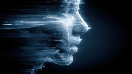 Poster - A striking representation of a human face partially blended with dynamic light patterns against a dark background, creating a sense of movement and energy.