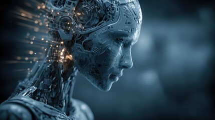 Poster - A highly detailed human-like robot head showcases advanced technology. The scene is illuminated by soft lights, revealing bolts, wires, and structural elements, suggesting a blend of art and robotics.