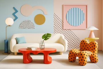 Poster - Modern abstract living room interior with colorful geometric wall art, playful furniture, and soft pastel tones on a minimalistic background. Ai generative