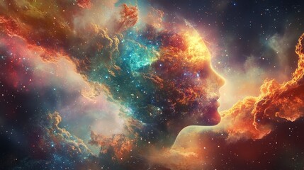 Wall Mural - A vibrant, abstract profile of a woman's face formed from swirling nebula clouds, stars and cosmic dust.