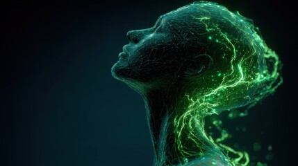 Poster - A sculptural representation of a womans profile showcases intricate lines and glowing green particles flowing from her head.