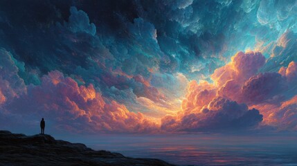 Wall Mural - Vibrant clouds in shades of orange and blue create a stunning sunset over a tranquil ocean. A solitary figure stands on the rocky shore, enjoying the serene view.