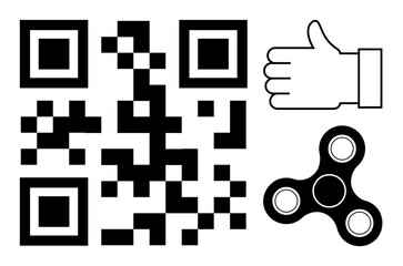 Poster - QR code with thumbs-up icon and fidget spinner. Ideal for technology, interaction, feedback, verification, relaxation, gaming, educational materials, and simple landing page