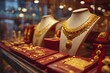 © Mia - A gold jewelry display with various necklaces, bracelets, and rings on mannequins in red pedestals. In the background is an elegant store decorated with golden decorations