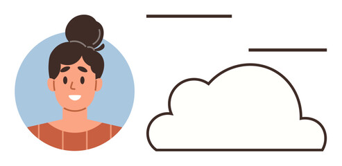 Poster - Smiling woman portrait beside a cloud and horizontal lines. Ideal for technology, communication, cloud computing, teamwork, friendly interface, online data, and networking. Simple flat metaphor