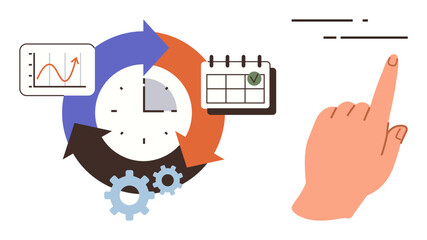 Poster - Clock surrounded by arrows, calendar, gears, and a hand pointing. Represents task organization, productivity, workflow, scheduling efficiency project planning focus. Ideal for time tracking