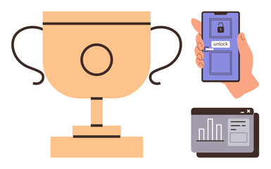 Poster - Trophy symbolizing achievement, smartphone with unlock icon for security, analytics dashboard for performance insights. Ideal for success, goal setting, security, technology, data, analytics simple
