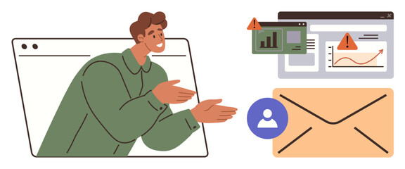 Poster - Man gestures from computer window, surrounded by error dashboards and email icon. Ideal for communication, cybersecurity, warnings, data analysis, troubleshooting, user support, simple flat metaphor