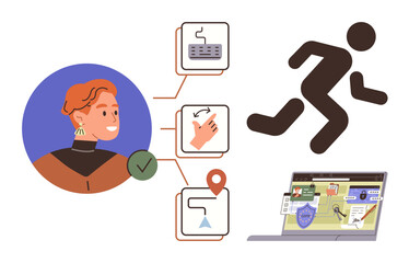 Poster - User profile with task icons, running silhouette symbolizing progress, and laptop with organized workflow. Ideal for task management, automation, productivity, time tracking, workflow design, project