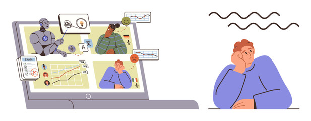 Poster - Laptop screen displays robot and human interaction, charts, and progress analysis. Person looking stressed beside abstract waves. Ideal for technology, AI, stress, work-life balance, data