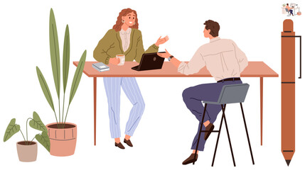 Poster - Two professionals share ideas over coffee at a desk with a laptop, tall plant, notebook, and pen. Ideal for collaboration, teamwork, creativity, communication, office productivity brainstorming