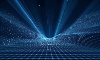 Poster - Abstract blue digital grid background with glowing light rays and mesh. Digital technology concept for web design, banner, or presentation. Abstract dark blue tech backdrop with wireframe lines. 