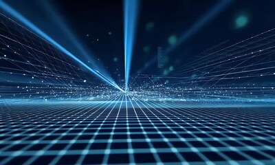Poster - Abstract blue digital grid background with glowing light rays and mesh. Digital technology concept for web design, banner, or presentation. Abstract dark blue tech backdrop with wireframe lines. 