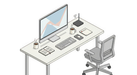 Modern isometric office desk with computer and chair isolated on transparent background