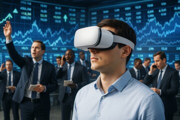 Poster - Businessman wearing VR headset in stock market environment with financial data on digital screens in background, blending finance and innovation. Ai generative