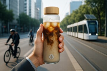 Poster - Hand holding iced coffee drink in reusable bottle with blank label space, with urban street and tram in background on bright morning light. Ai generative