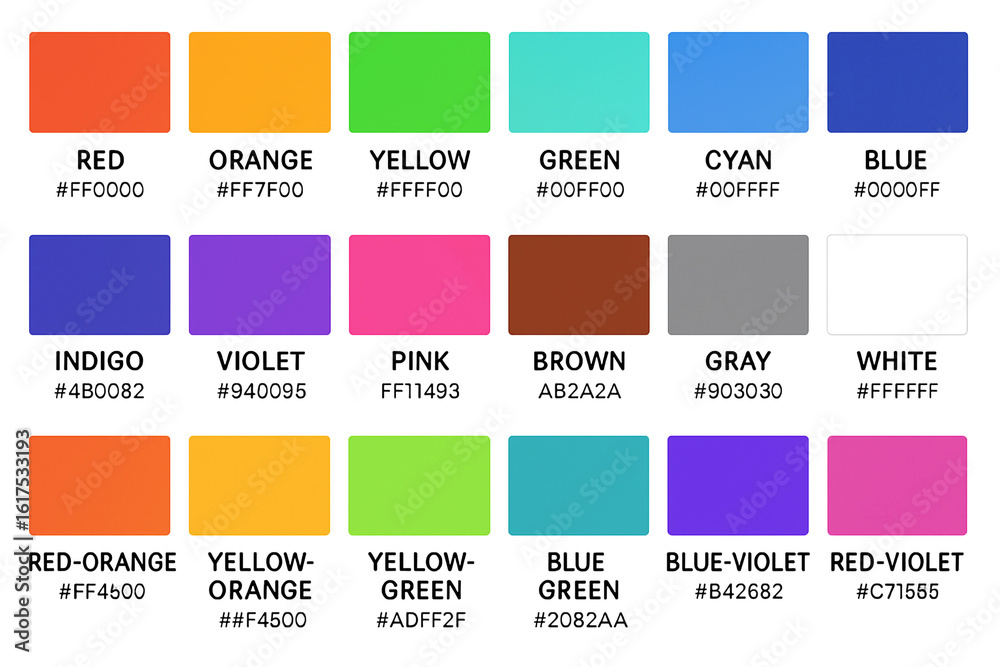 Comprehensive Color Palette with Hex Codes – 20 Vibrant Colors Stock ...