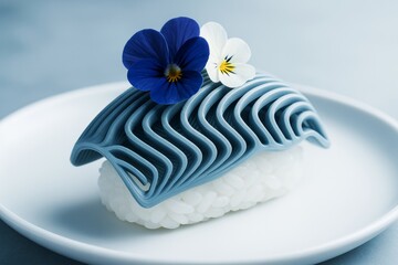 Poster - Artistic sushi with blue abstract topping and edible flowers on white plate, presented on soft light background in minimal modern style. Ai generative