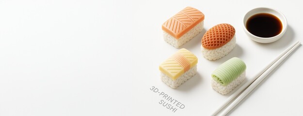 Poster - Assorted 3D-printed sushi pieces with soy sauce and chopsticks on clean white background, ideal for food mockup or banner design template. Ai generative