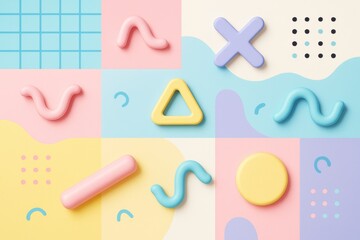 Poster - Colorful abstract geometric shapes on pastel grid background with playful curved forms and soft light in minimal modern 3D style concept artwork. Ai generative
