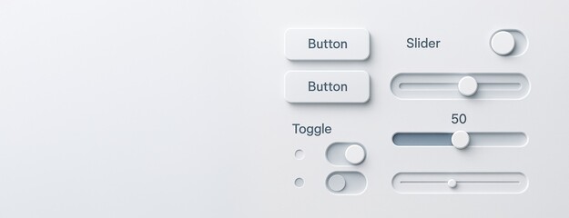 Poster - Clean interface mockup with buttons, toggles and sliders on minimalist light background with copyspace for UI design, banner or poster template. Ai generative