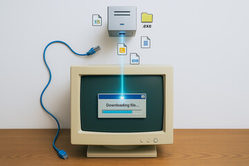 Poster - Digital Data Transfer: A vintage computer screen displays a file transfer, symbolizing the evolution of technology and data exchange.
