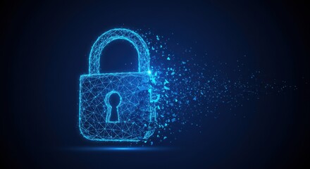 a shimmering blue digital padlock, composed of connected lines and dots, is subtly dissolving