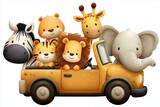 Jungle baby animals - a zebra, a lion, a bear, a giraffe, an elephant - sitting inside a toy yellow car 