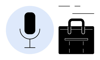 Poster - Microphone highlighting speech or voice recognition. Briefcase symbolizing work, professional tools, or business. Ideal for technology, innovation, productivity, audio, communication work voice