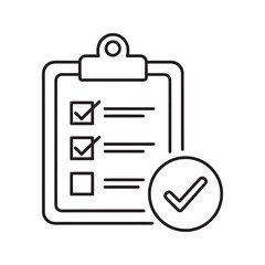Poster - Task completed icon with clipboard checklist and approved checkmark seal representing successful validation and finished project line vector stroke