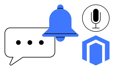 Poster - Bell alert, chat bubble with dots, microphone, and blue shield symbol. Ideal for communication, notification, messaging, reminders, security voice recognition simple landing page