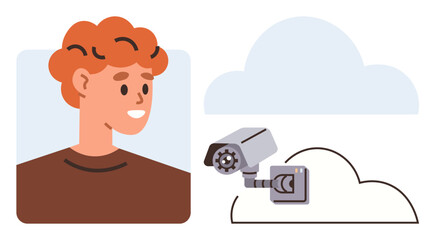 Poster - Red-haired young person smiling near a security camera. Technology, privacy, monitoring, data security, facial recognition, observation, and surveillance themes in a simple flat metaphor