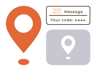 Poster - Orange location pin, message bubble with code details, and highlighted symbol. Ideal for navigation, security, authentication, digital communication, verification, information-sharing simple flat