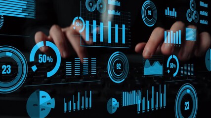 Aufkleber - A person interacts with a keyboard while surrounded by vivid data visualizations and graphs, illustrating the importance of analytics in business strategy and performance review. Xenic