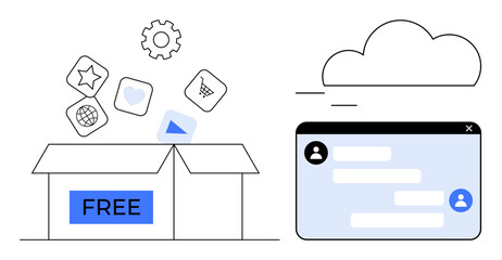 Poster - Open box labeled Free releasing app icons, browser window with messaging interface, cloud icon. Ideal for technology, apps, communication, software, data storage, cloud computing simple landing page
