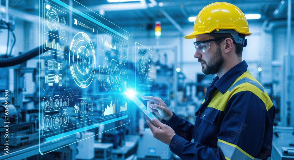Industrial engineer wearing safety helmet and glasses operates advanced ...