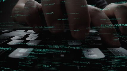 Poster - A close view showcasing hands typing on a laptop keyboard, immersed in a digital landscape of floating computer code, illustrating modern programming and development. Xenic