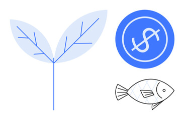 Poster - Plant with two leaves, a dollar coin, and a fish illustrating sustainability, economy, and environmental balance. Ideal for finance, ecology, sustainability, investment fishing agriculture