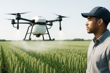Poster - Agricultural drone spraying crops in wheat field with farmer observing technology in daylight, showcasing smart farming innovation concept. Ai generative