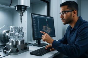 Poster - Engineer operating CNC machine using CAD software in high-tech manufacturing industry with modern metal part on light background in factory environment. Ai generative