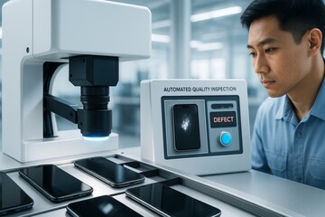 Poster - Automated quality control system inspecting smartphones on production line under bright laboratory light with technician monitoring results screen. Ai generative