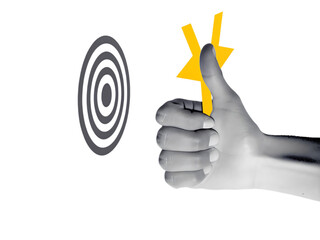 Poster - A stylized hand giving a thumbs up with a yellow star and a target in the background on black created with generated ai