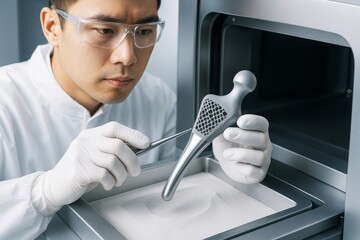 Poster - Scientist examines 3D-printed metal implant from industrial printer in clean lab with light background and precision tools. Ai generative. Ai generative