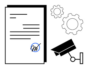 Poster - Document with signature and blue stamp, surveillance camera, and two gears highlighting security, policies, or workflow optimization. Ideal for legal, security, compliance, privacy management