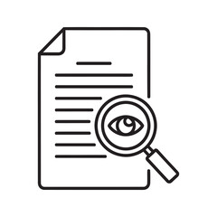 Poster - Document review icon with magnifying glass and eye for content analysis and proofreading representing audit inspection and data research line vector stroke
