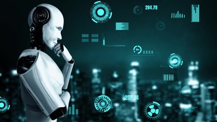 Poster - Futuristic robot artificial intelligence huminoid AI for industrial factory technology development and machine learning concept. robotic bionic science research for future of human life. 3D rendering.