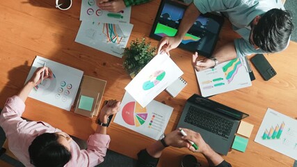 Poster - Smart businessman send financial chart to manager at meeting room while investor receive investment report and planning marketing campaign or strategy ay meeting table. Creative startup. Convocation.